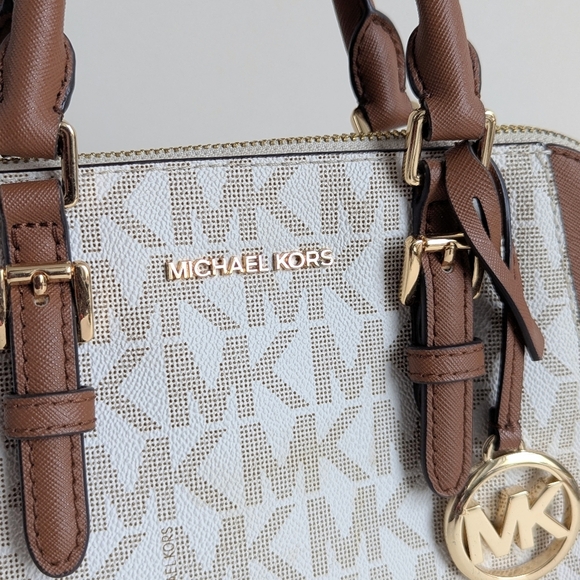 Michael Kors Ciara Medium Logo Printed Coated Canvas Leather Satchel Cream Brown - Picture 6 of 15